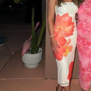 Strapless Floral Dress in White and Orange
